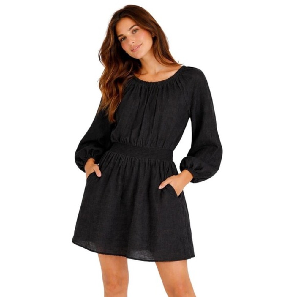 J. Crew Palermo Boho Peasant Puff Sleeve Linen Dress Women L Black Smocked Waist
